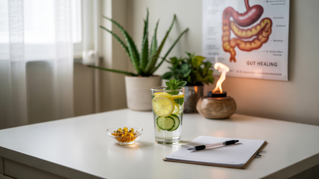 Minimalist wellness scene featuring a clean white countertop with infused detox water, herbal supplements, a notepad, and a potted plant, symbolizing medically supervised fasting and gut health in a calming, natural clinic environment