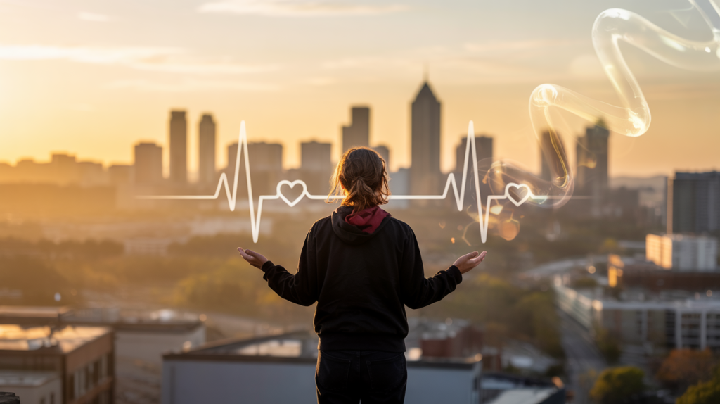 a lady infront of building with wellness background
