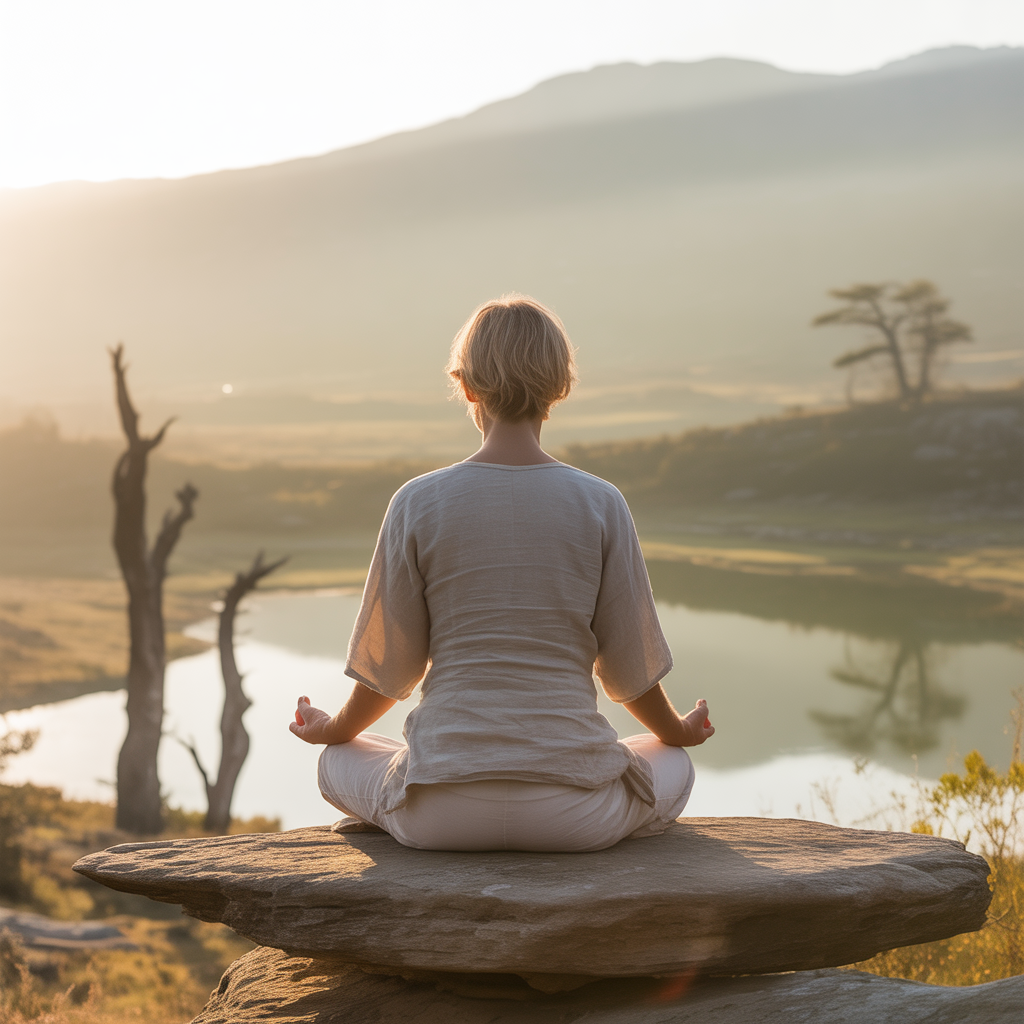 Healing through fasting: a serene, minimalistic scene of a person meditating peacefully in nature during sunrise.